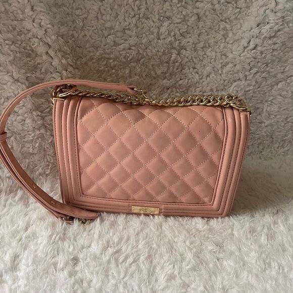 synthetic pink quilted shoulder/crossbody bag gold tone chain & accents - Picture 1 of 15